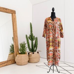 Yerse 3/4 Sleeve Geometric Ikat Patterned Midi Shirt Dress